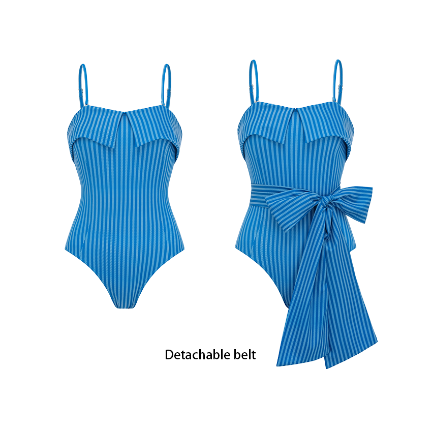 Bandeau Bowknot Decor Striped Print Swimsuit Set(s)