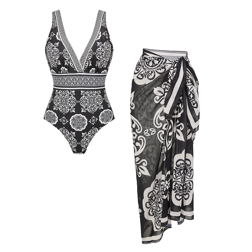 V Neck Black Retro Printed Swimsuit Set(s)