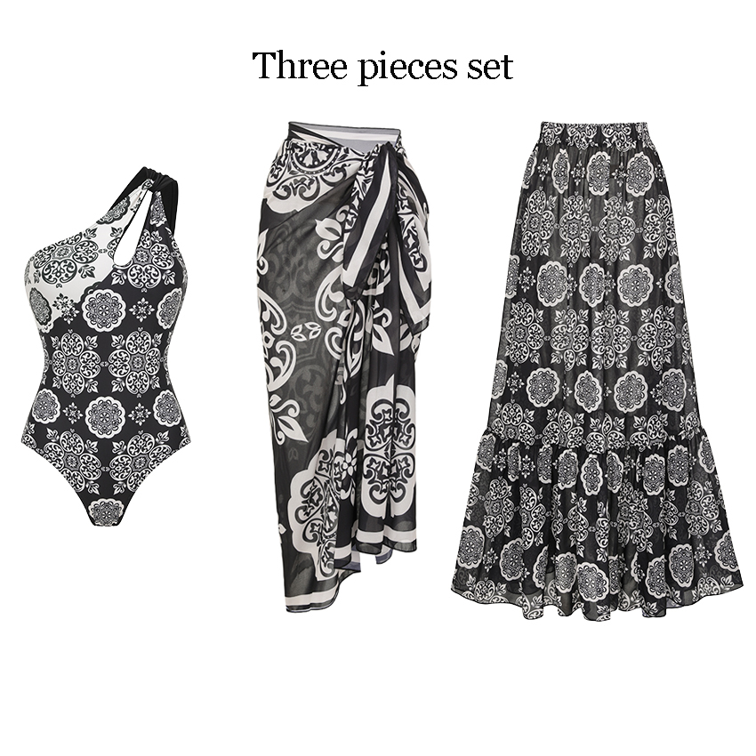 One Shoulder Cut Out Black Retro Printed Swimsuit Set(s)