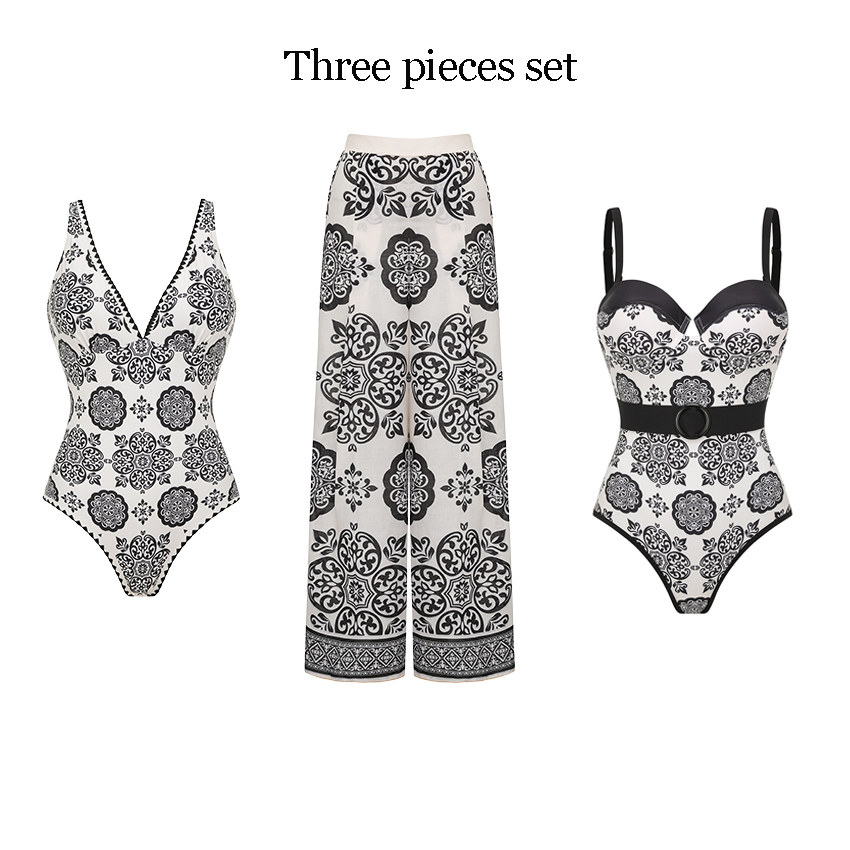 V Neck White Retro Printed Swimsuit Set(s)
