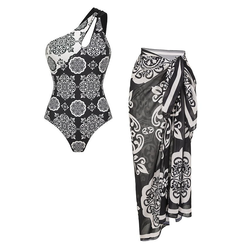 One Shoulder Cut Out Black Retro Printed Swimsuit Set(s)