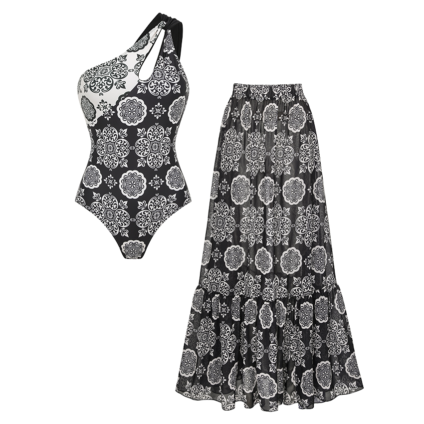 One Shoulder Cut Out Black Retro Printed Swimsuit Set(s)