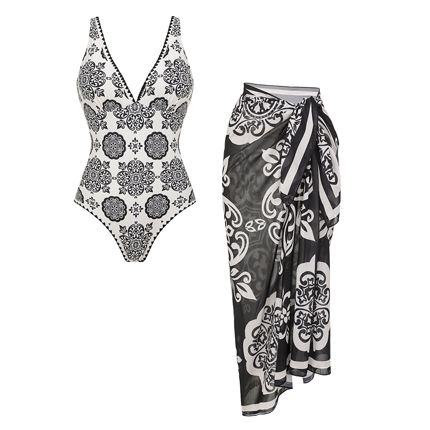 V Neck White Retro Printed Swimsuit Set(s)