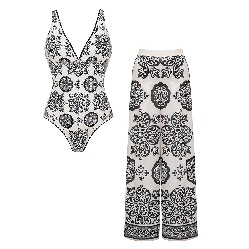 V Neck White Retro Printed Swimsuit Set(s)