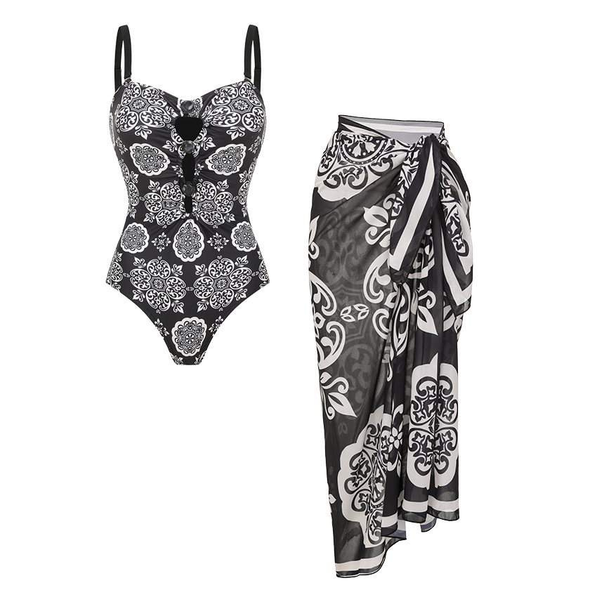 Adjustable Shoulder Straps Cut Out Retro Printed Swimsuit Set(s)