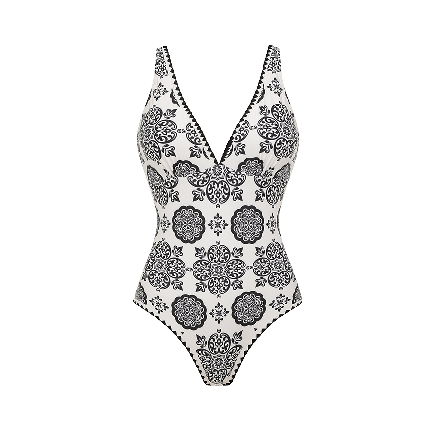 V Neck White Retro Printed Swimsuit Set(s)