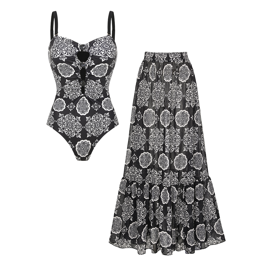 Adjustable Shoulder Straps Cut Out Retro Printed Swimsuit Set(s)