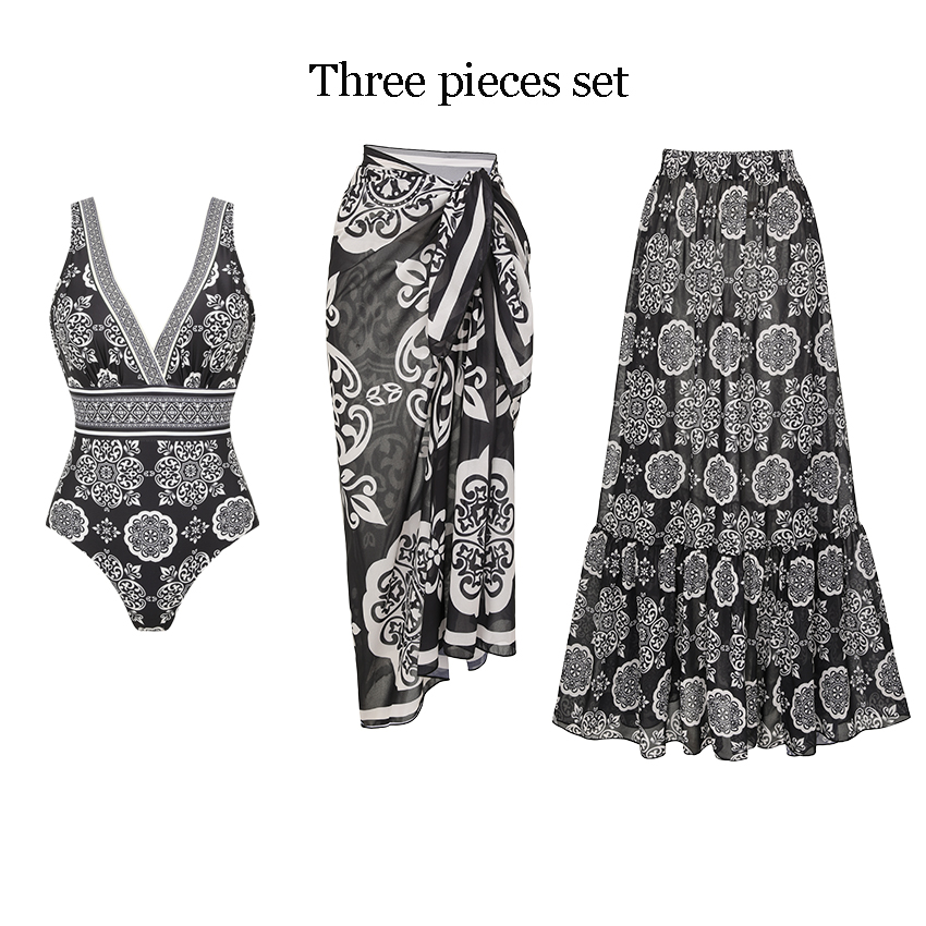 V Neck Black Retro Printed Swimsuit Set(s)