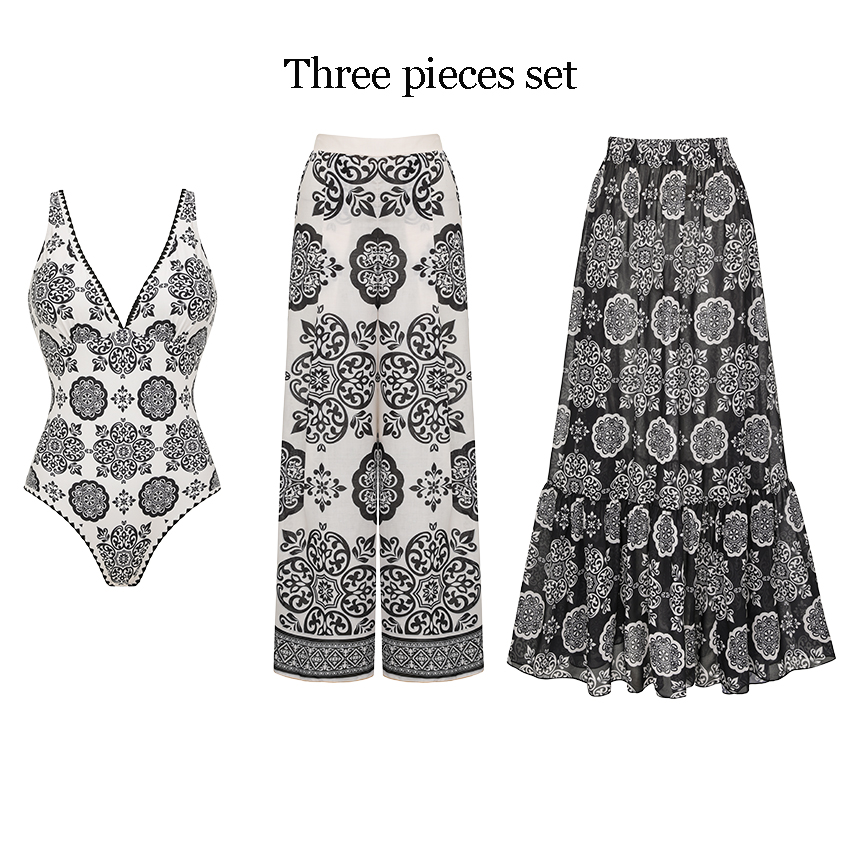 V Neck White Retro Printed Swimsuit Set(s)
