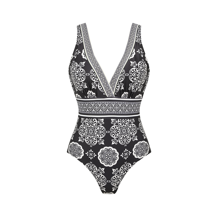 V Neck Black Retro Printed Swimsuit Set(s)