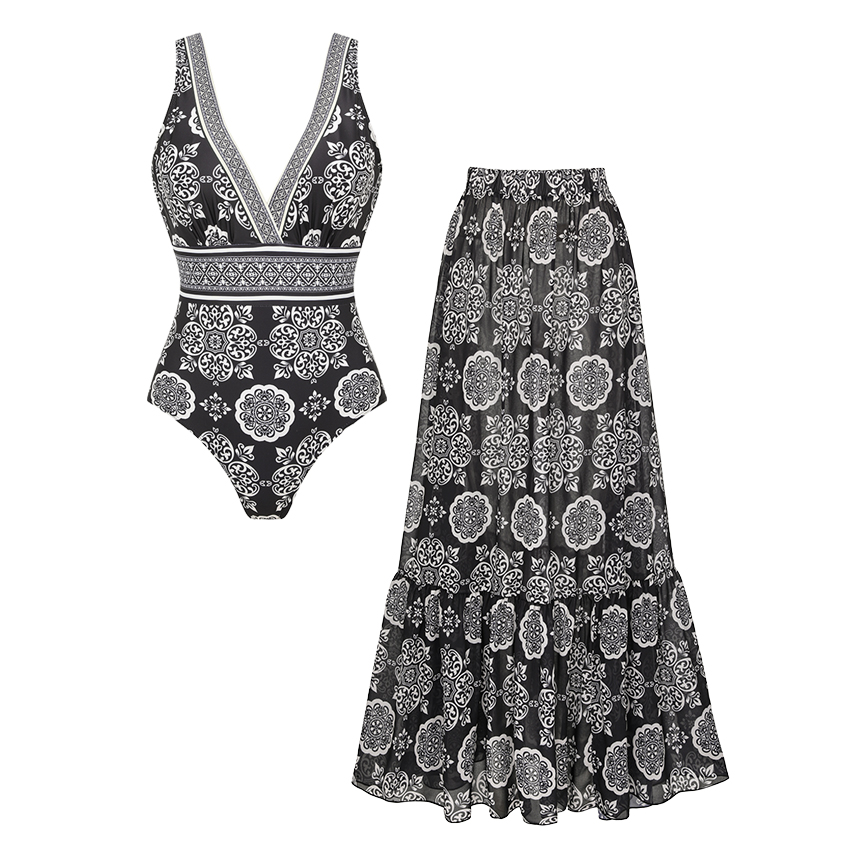 V Neck Black Retro Printed Swimsuit Set(s)