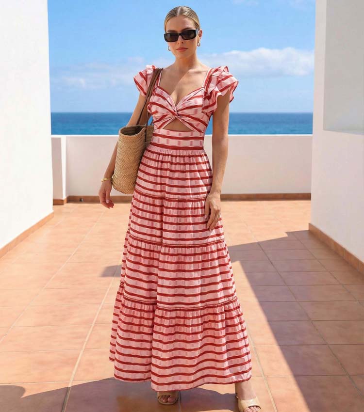 Ruffle Red Striped Printed Cut Out One Piece Swimsuit and Skirt