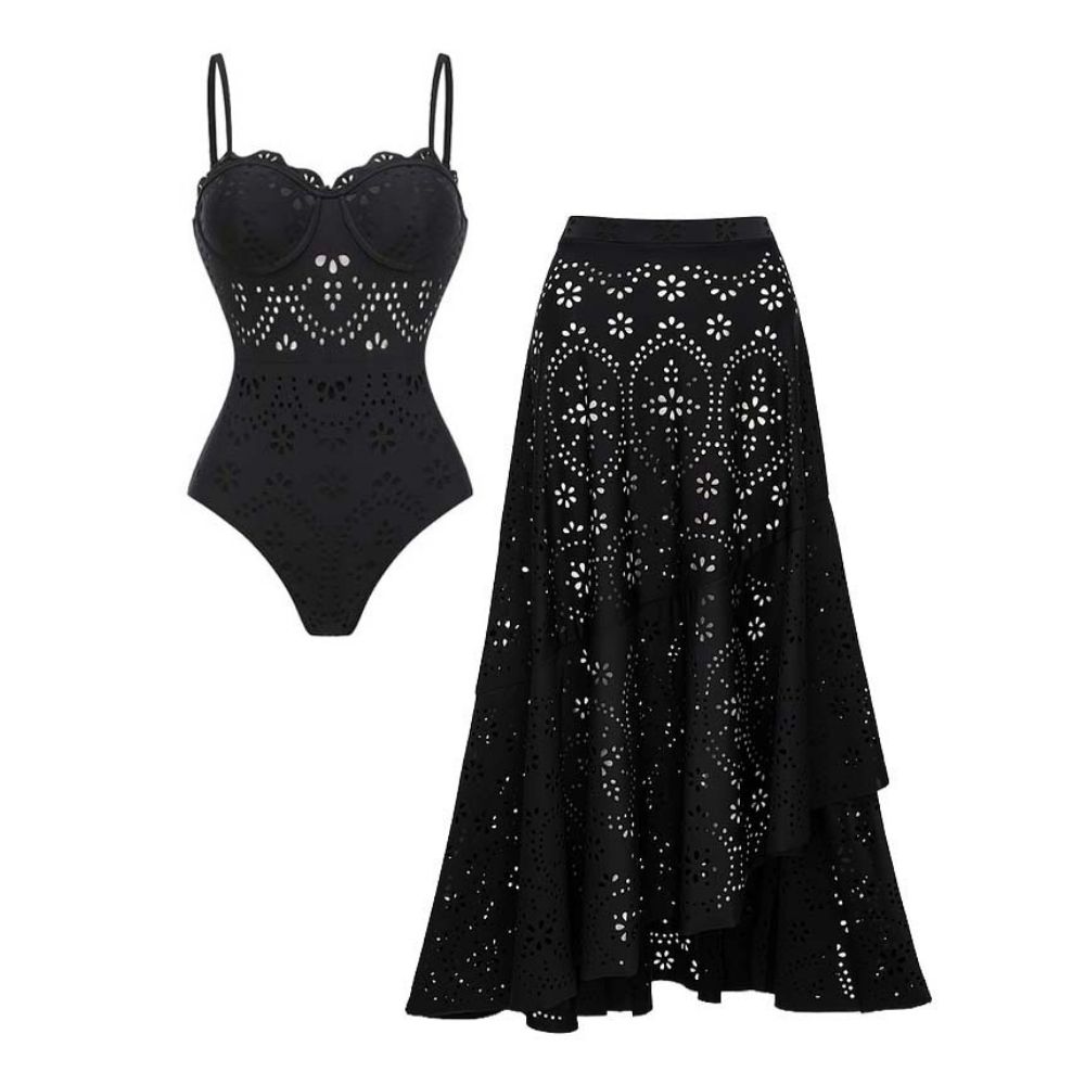 Black Laser Cut Hollow One Piece Swimsuit and Skirt