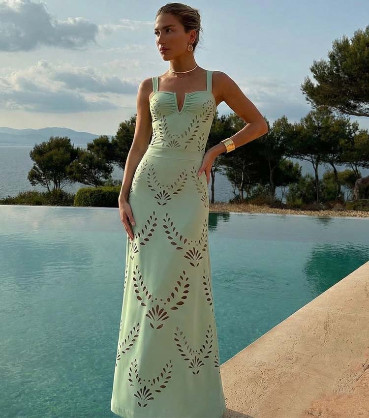 Laser Hollow Out One Piece Swimsuit and Skirt