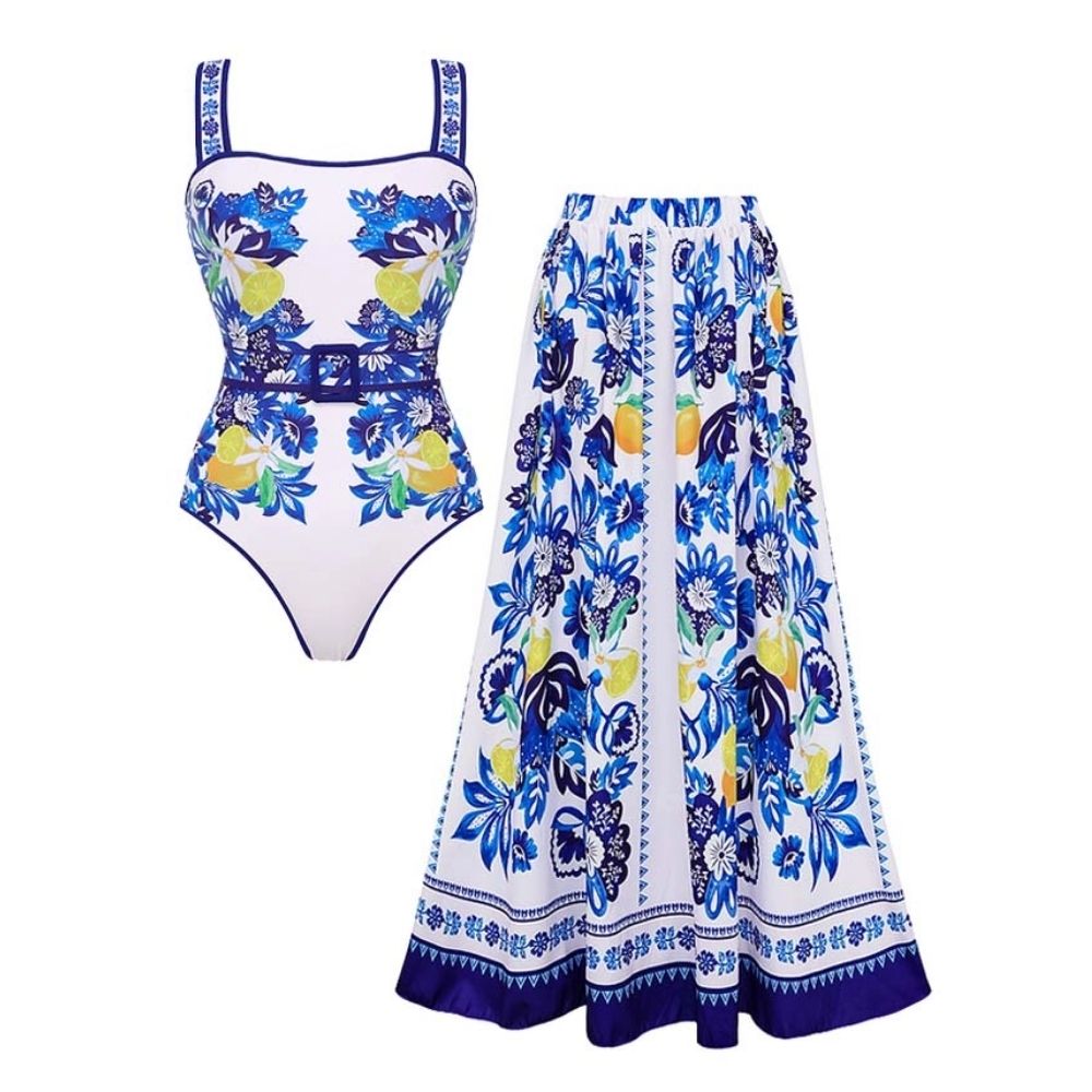 Sling Lemon and Creative Pattern Print One Piece Swimsuit and Skirt