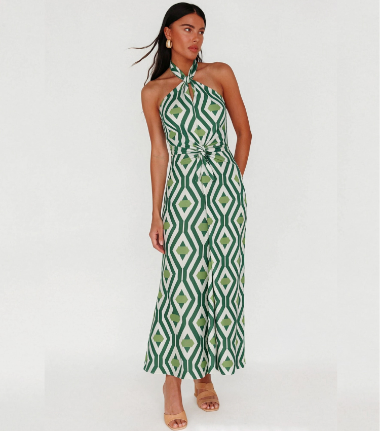 Geometric print halter neck dress