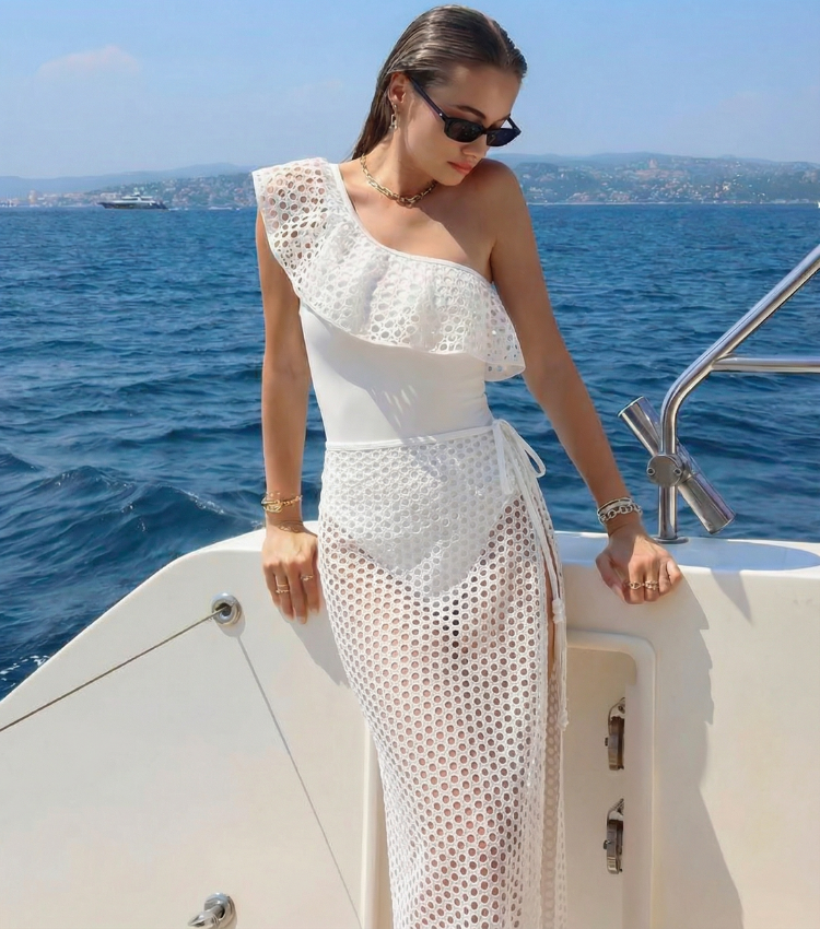 White Openwork Mesh Ruffles Swimsuit Set(s)