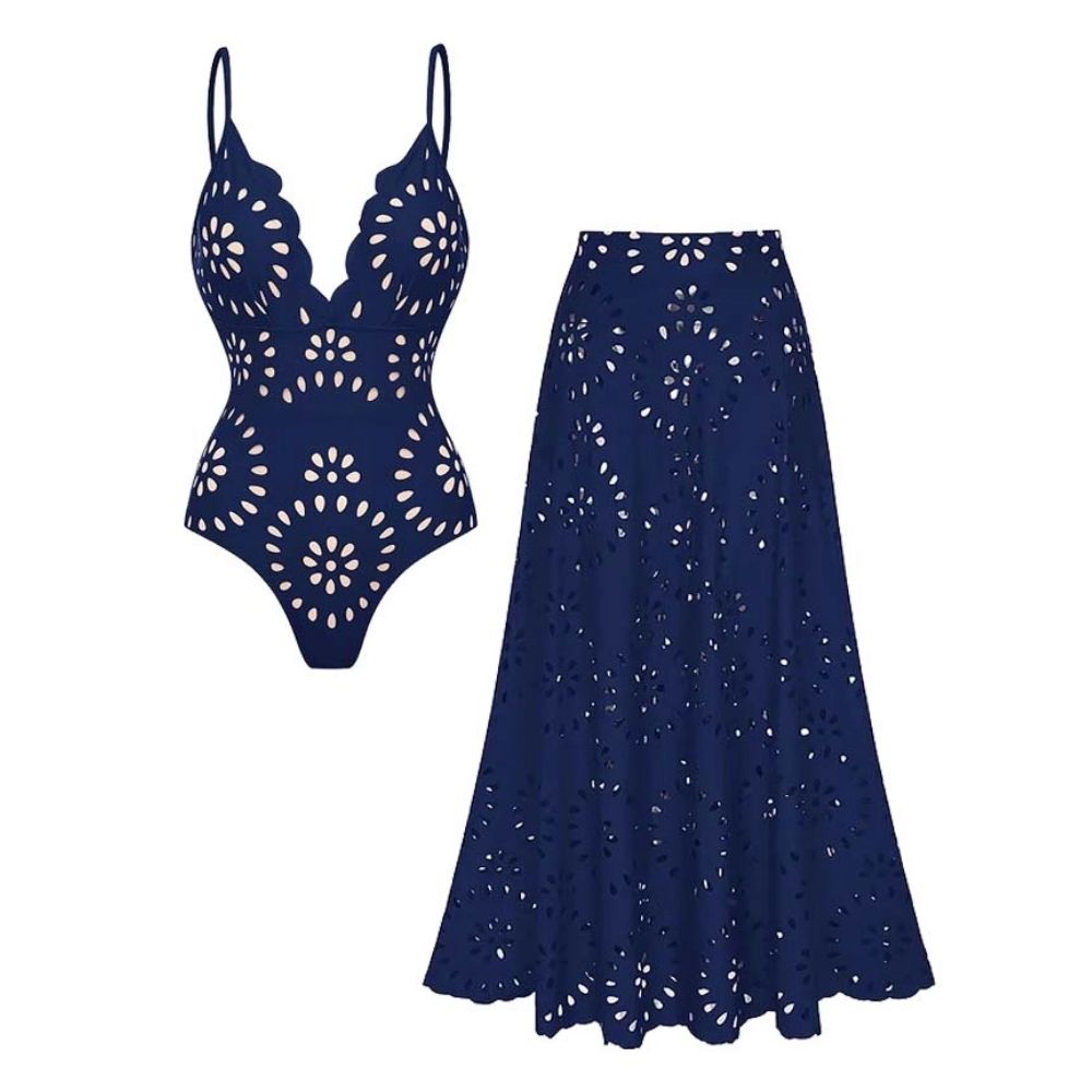 Navy Blue Laser Cutting Flower Hollow One Piece Swimsuit and Skirt