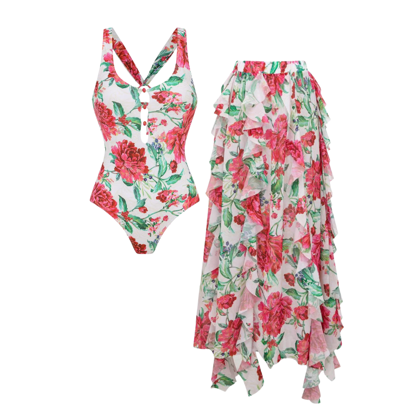 [Copy]Color-Blocked Blooming Flower Print Swimsuit Set(s)