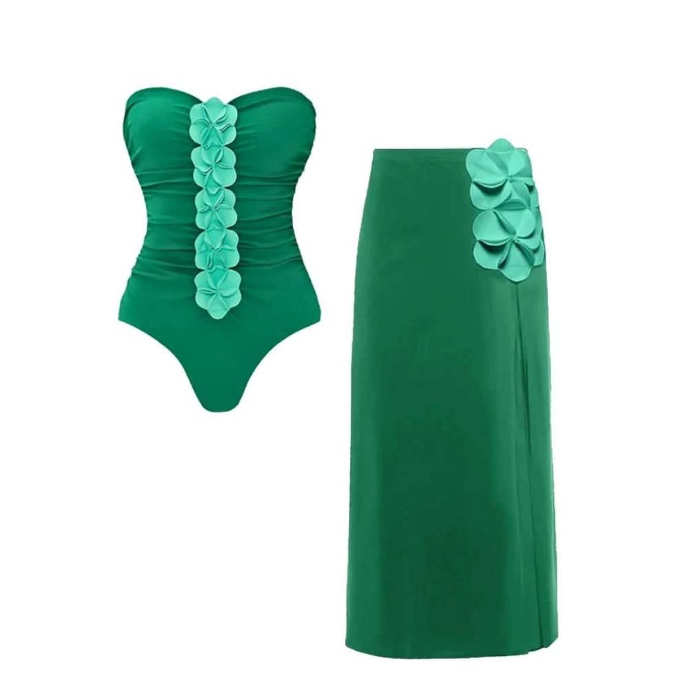 Bandeau 3D Flower One Piece Swimsuit and Skirt