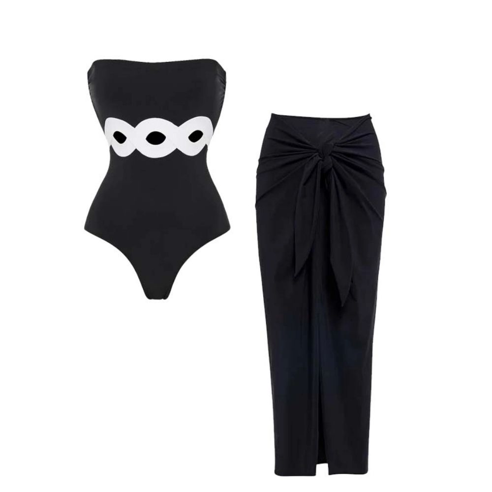 Bandeau Cutout Color Block One Piece Swimsuit And Sarong