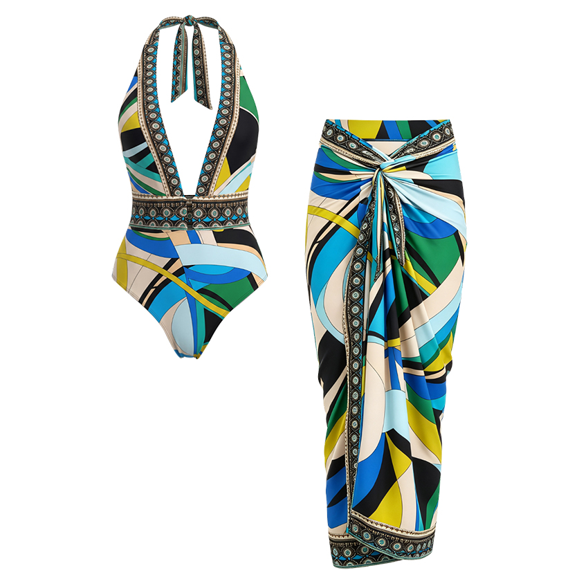 [Copy][Copy]Sling Cut Out Green Retro Printed Swimsuit Set(s)