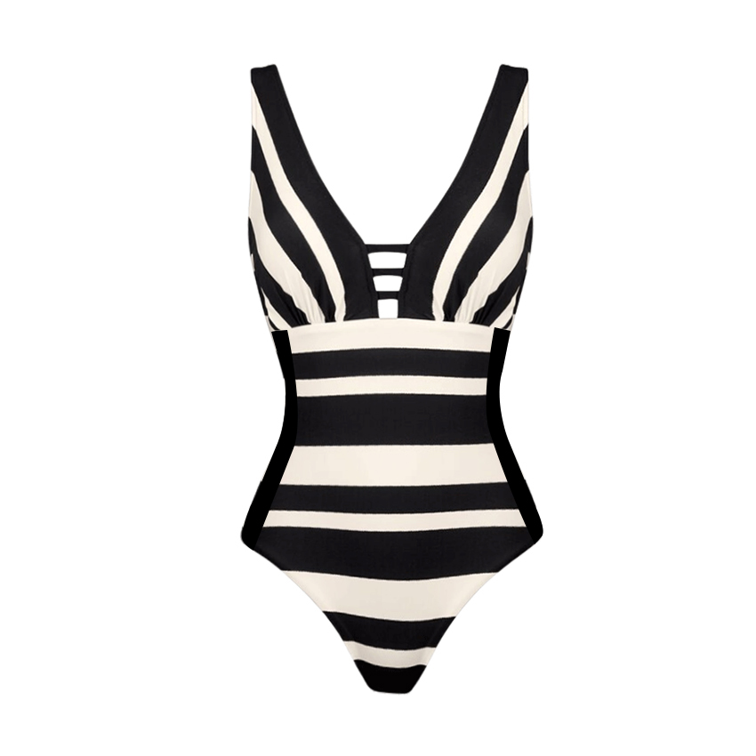 V Neck Black Striped Printed Swimsuit Set(s)