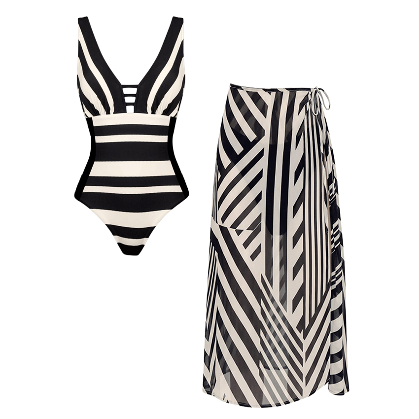 V Neck Black Striped Printed Swimsuit Set(s)