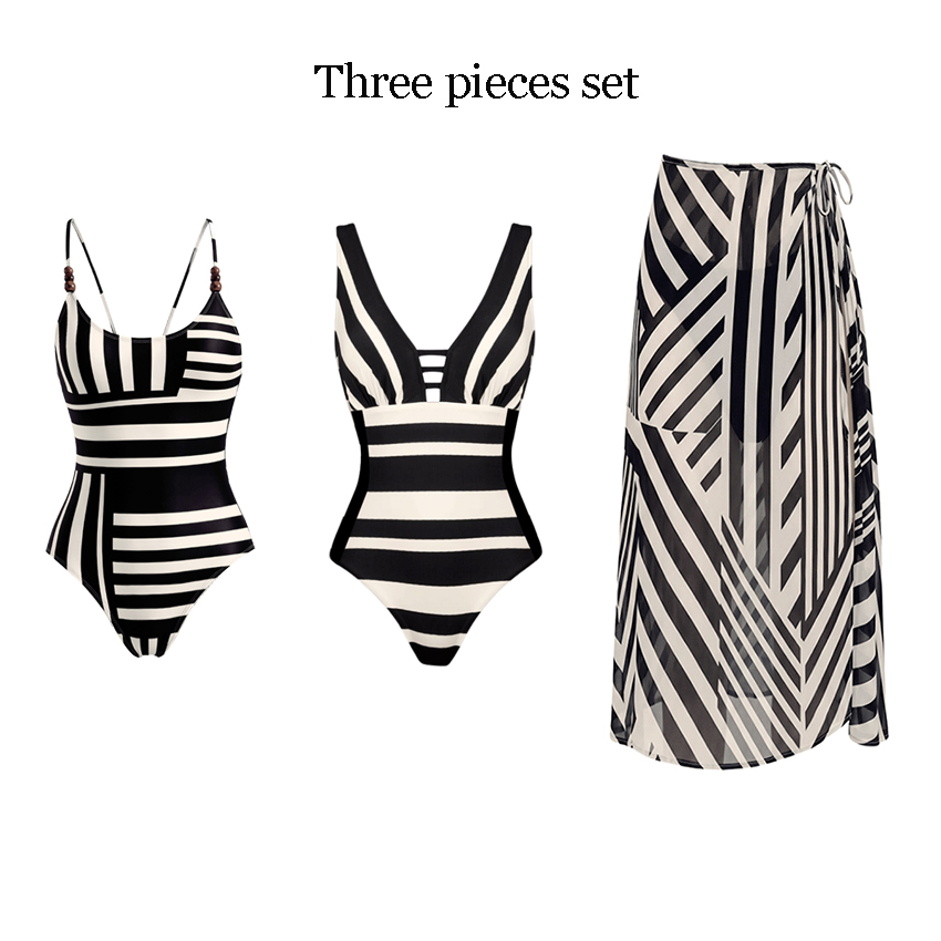 Sling Black Striped Printed Swimsuit Set(s)