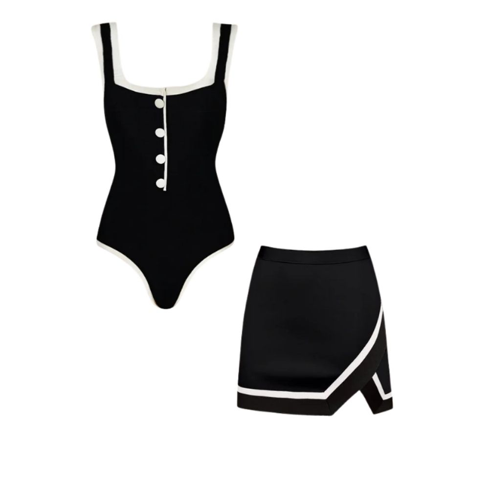 White and Black Color Block One Piece Swimsuit and Skirt