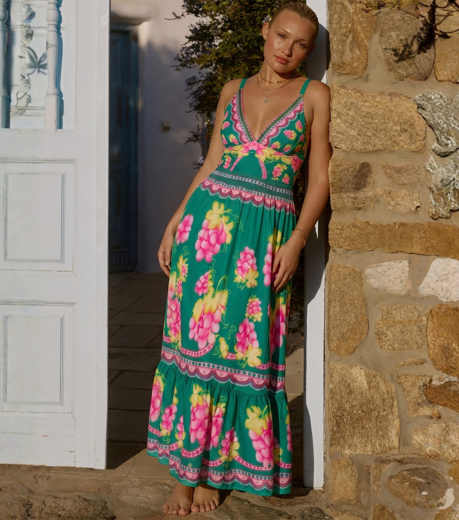Plus Size Deep V Retro Green Grapes Print One Piece Swimsuit and Skirt