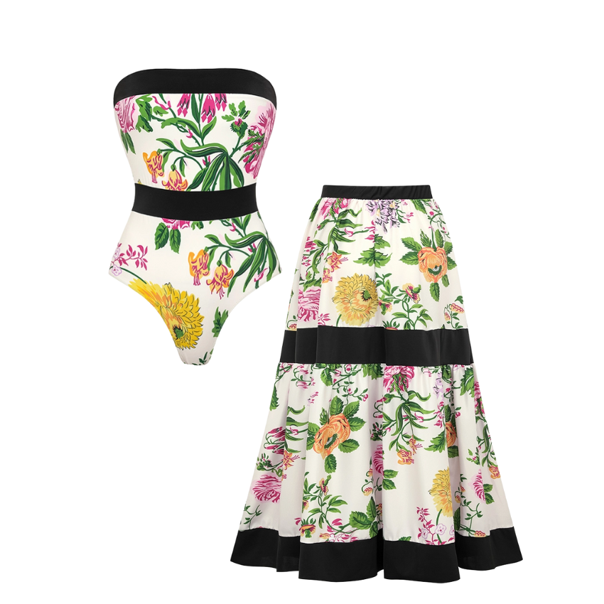 Off Shoulder Back Bow Tie Color Block Printed One Piece Swimsuit and Skirt Flaxmaker