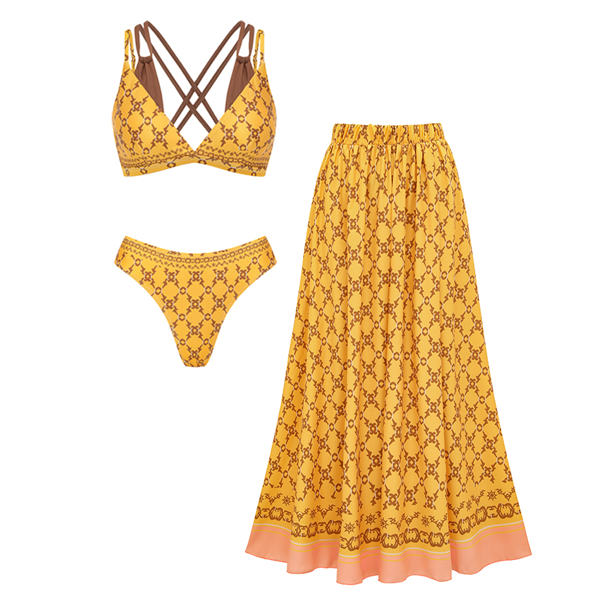 [Copy][Copy][Copy]V Neck Ruffle Green Retro Printed Swimsuit Set(s)