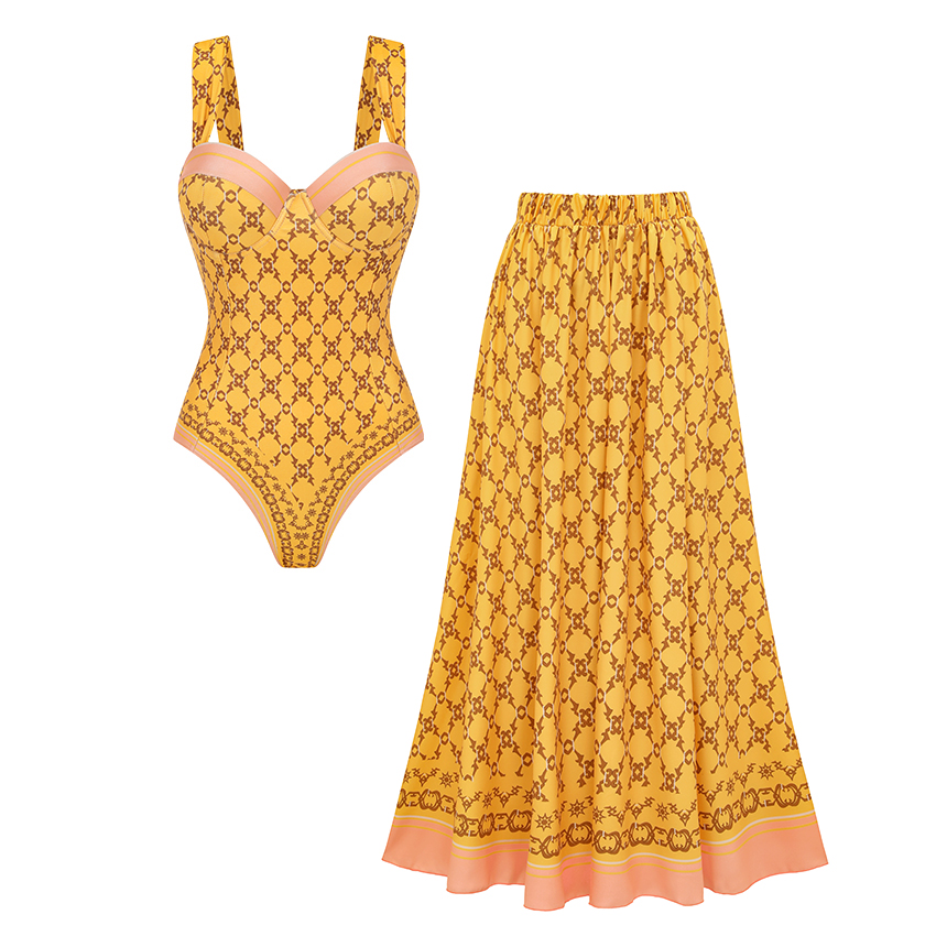 [Copy]V Neck Ruffle Green Retro Printed Swimsuit Set(s)