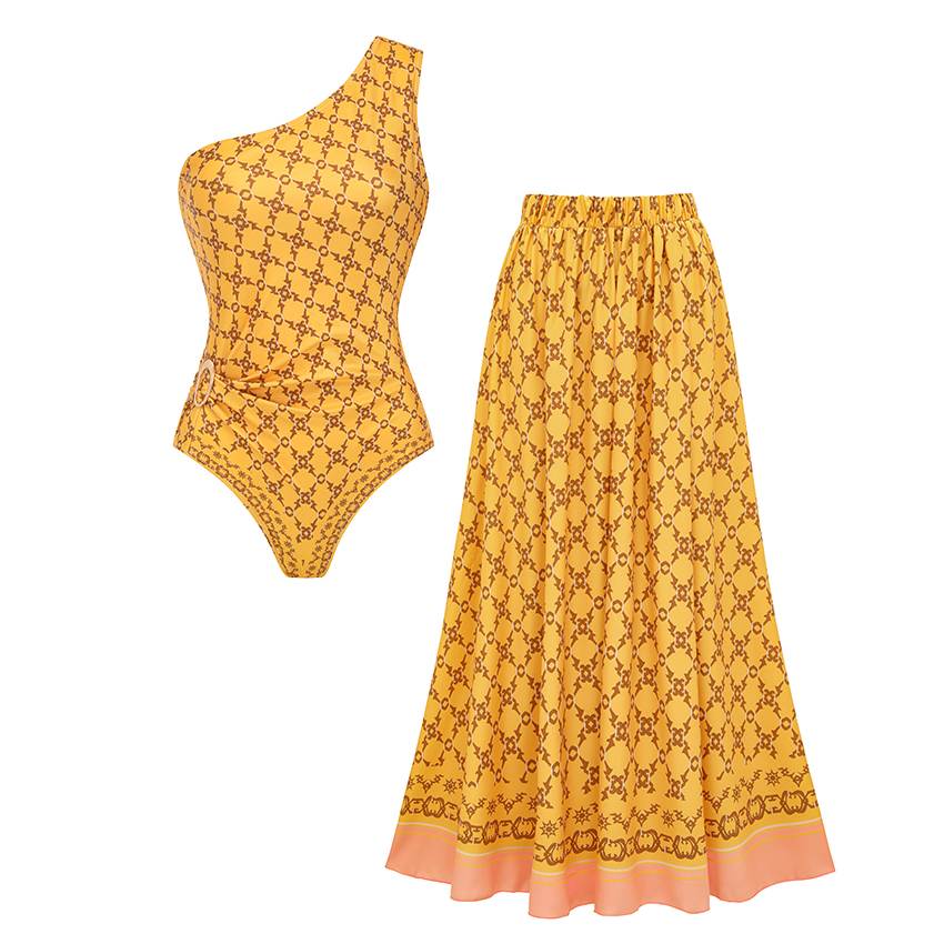 [Copy][Copy]V Neck Ruffle Green Retro Printed Swimsuit Set(s)