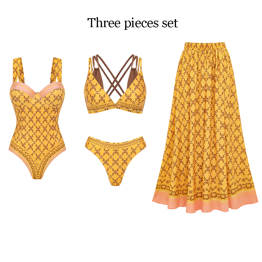 [Copy]V Neck Ruffle Green Retro Printed Swimsuit Set(s)