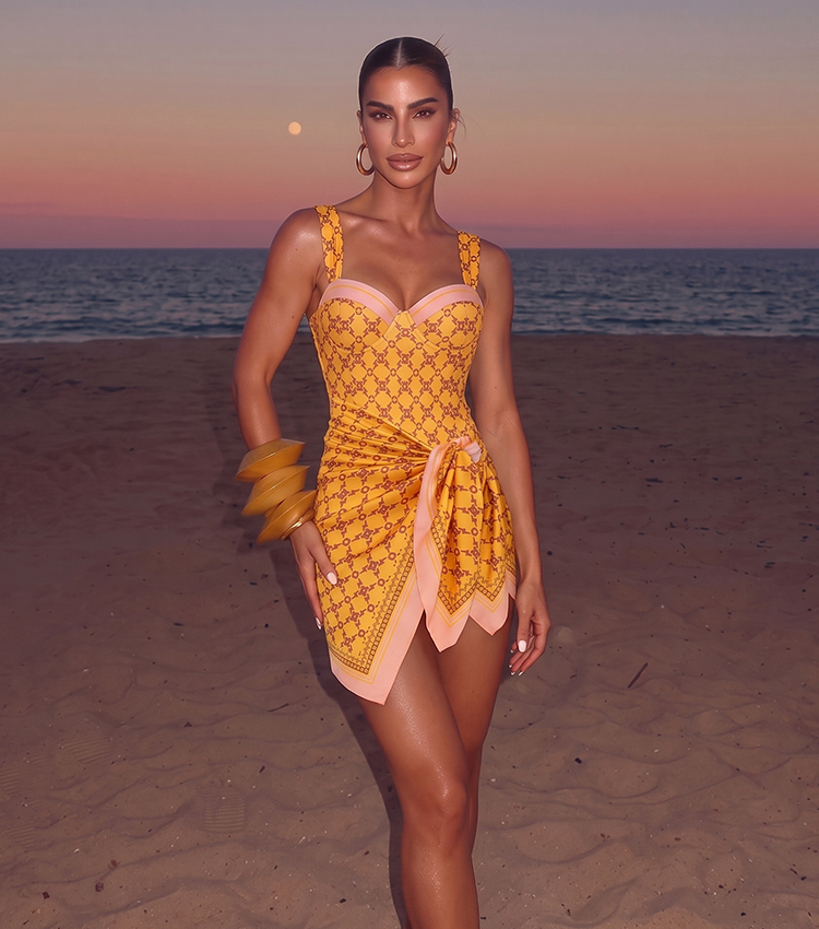 Sling Underwire Retro Yellow Printed Swimsuit Set(s)
