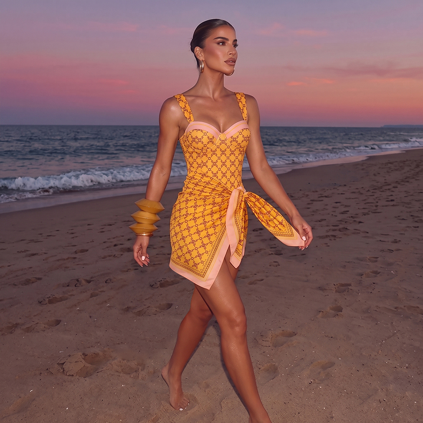 Sling Underwire Retro Yellow Printed Swimsuit Set(s)