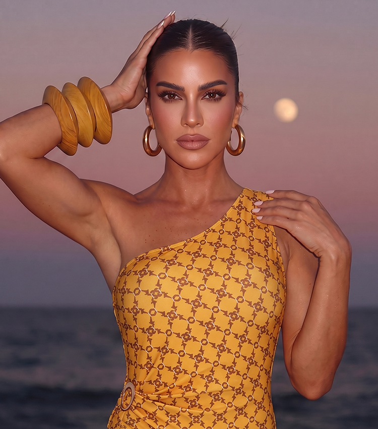 One Shoulder Yellow Retro Printed Swimsuit Set(s)