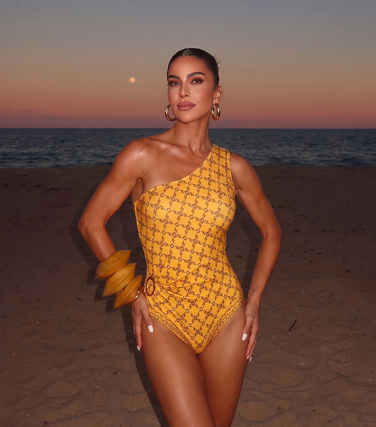 One Shoulder Yellow Retro Printed Swimsuit Set(s)