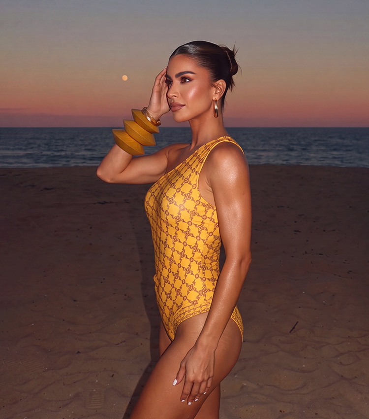 One Shoulder Yellow Retro Printed Swimsuit Set(s)