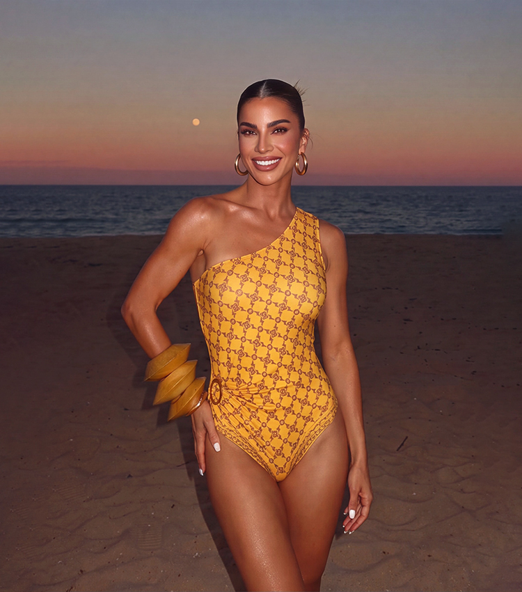 One Shoulder Yellow Retro Printed Swimsuit Set(s)