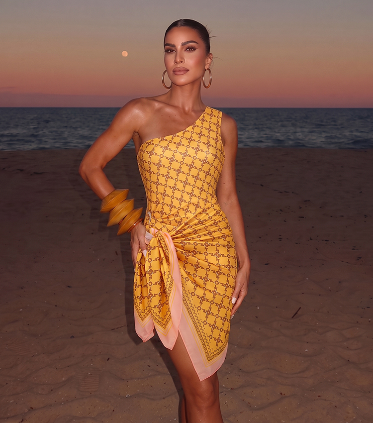 One Shoulder Yellow Retro Printed Swimsuit Set(s)