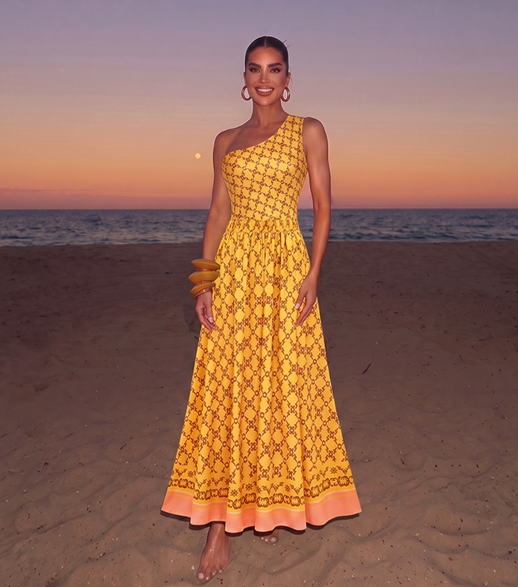 One Shoulder Yellow Retro Printed Swimsuit Set(s)