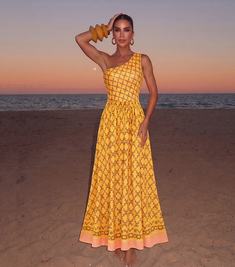 One Shoulder Yellow Retro Printed Swimsuit Set(s)