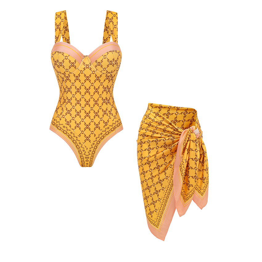 [Copy]V Neck Ruffle Green Retro Printed Swimsuit Set(s)