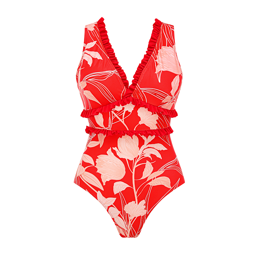 [Copy][Copy][Copy][Copy][Copy]V Neck Ruffle Green Retro Printed Swimsuit Set(s)