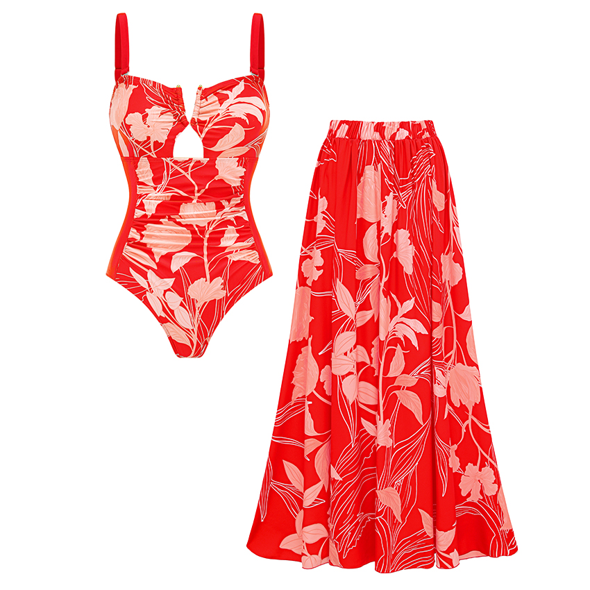[Copy][Copy][Copy][Copy]V Neck Ruffle Green Retro Printed Swimsuit Set(s)