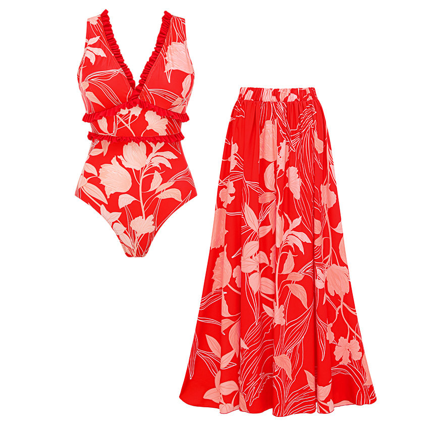 [Copy][Copy][Copy][Copy][Copy]V Neck Ruffle Green Retro Printed Swimsuit Set(s)