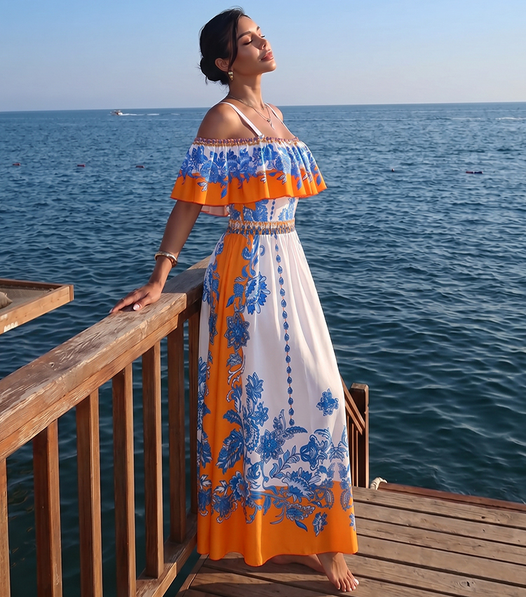 Off Shoulder Ruffle Retro Printed Swimsuit Set(s)